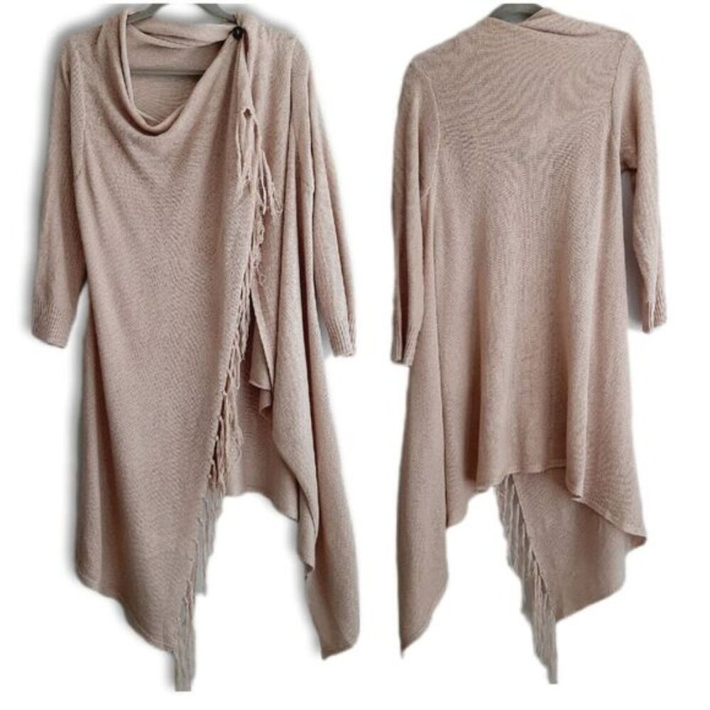 Fringe Hem \ Waterfall Sweater Cardigan Open Front / One Button Cream Pink Sz S